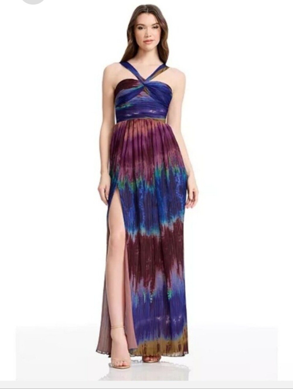 Dress The Population Multicolor Pleated Maxi Dress Large NWT Halter Formal Gown